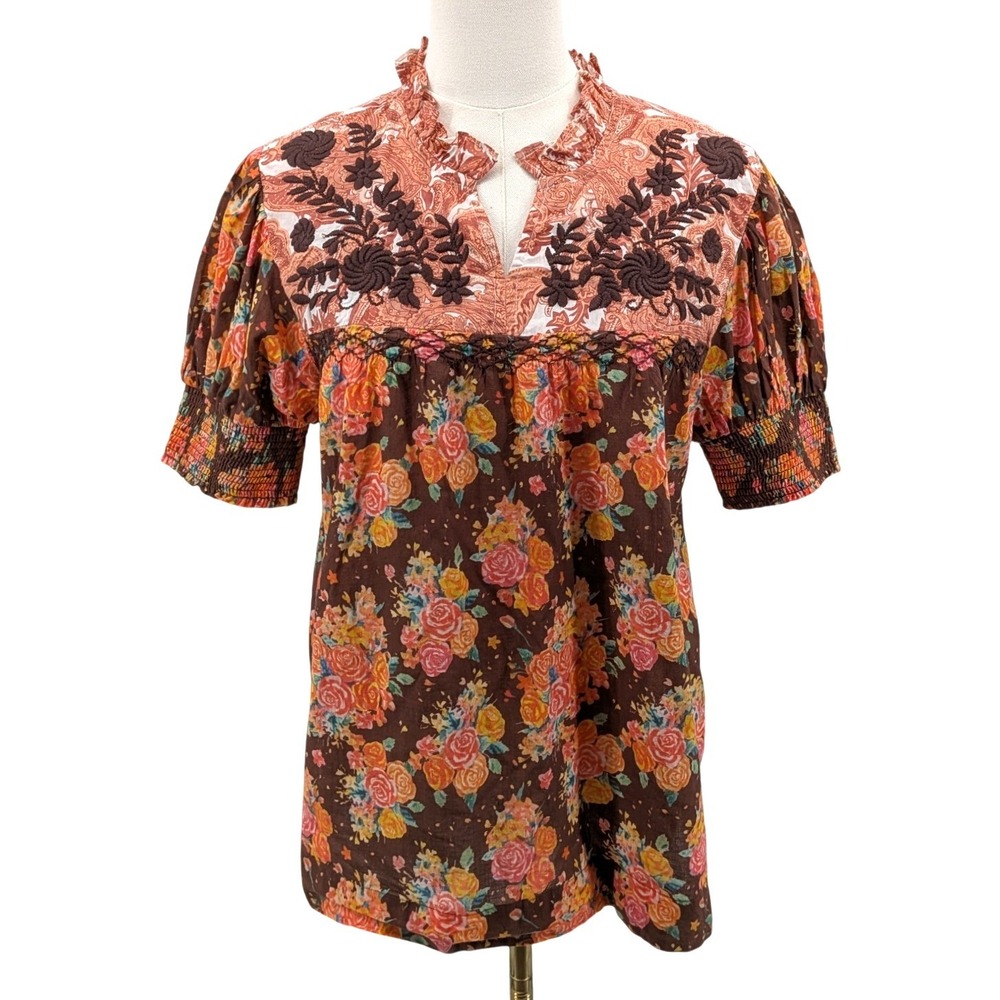 Sister Mary Floral Embroidered Cotton Blouse Brown Boho Puff Sleeve Size S Fall